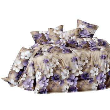 Pościel 160x200 bawełna satynowa biało fioletowe kwiaty PK727 z PRZEŚCIERADŁEM